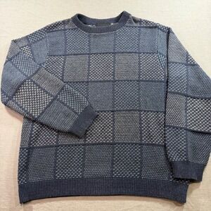 Bill Blass Sweater Mens Medium Blue Excellent Textured Grid Patchwork Crewneck
